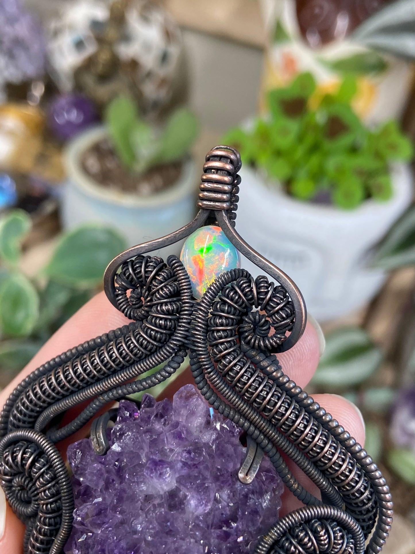 Amethyst, Opal, and Citrine squid amulet in copper