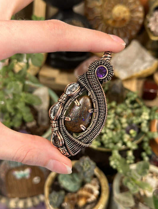 Australian Boulder Opal, Herkimer Diamond, and Amethyst amulet
