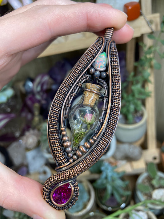 Pink Ruby rose terrarium amulet