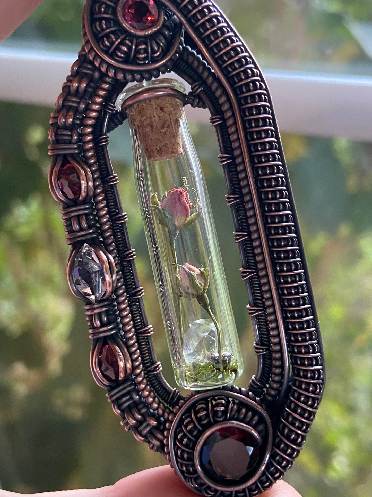 Garnet rose terrarium amulet