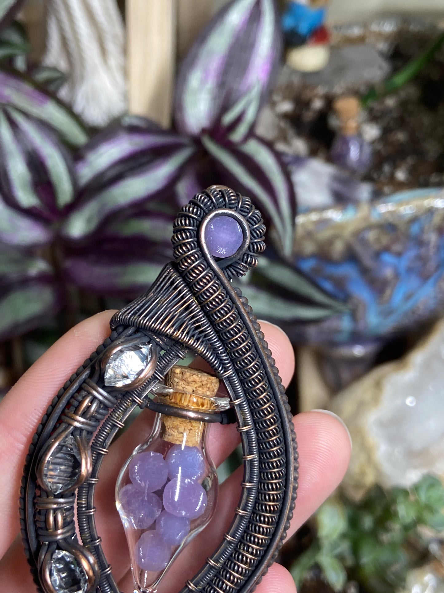 Grape Agate and Herkimer Diamond vial vortex amulet in copper