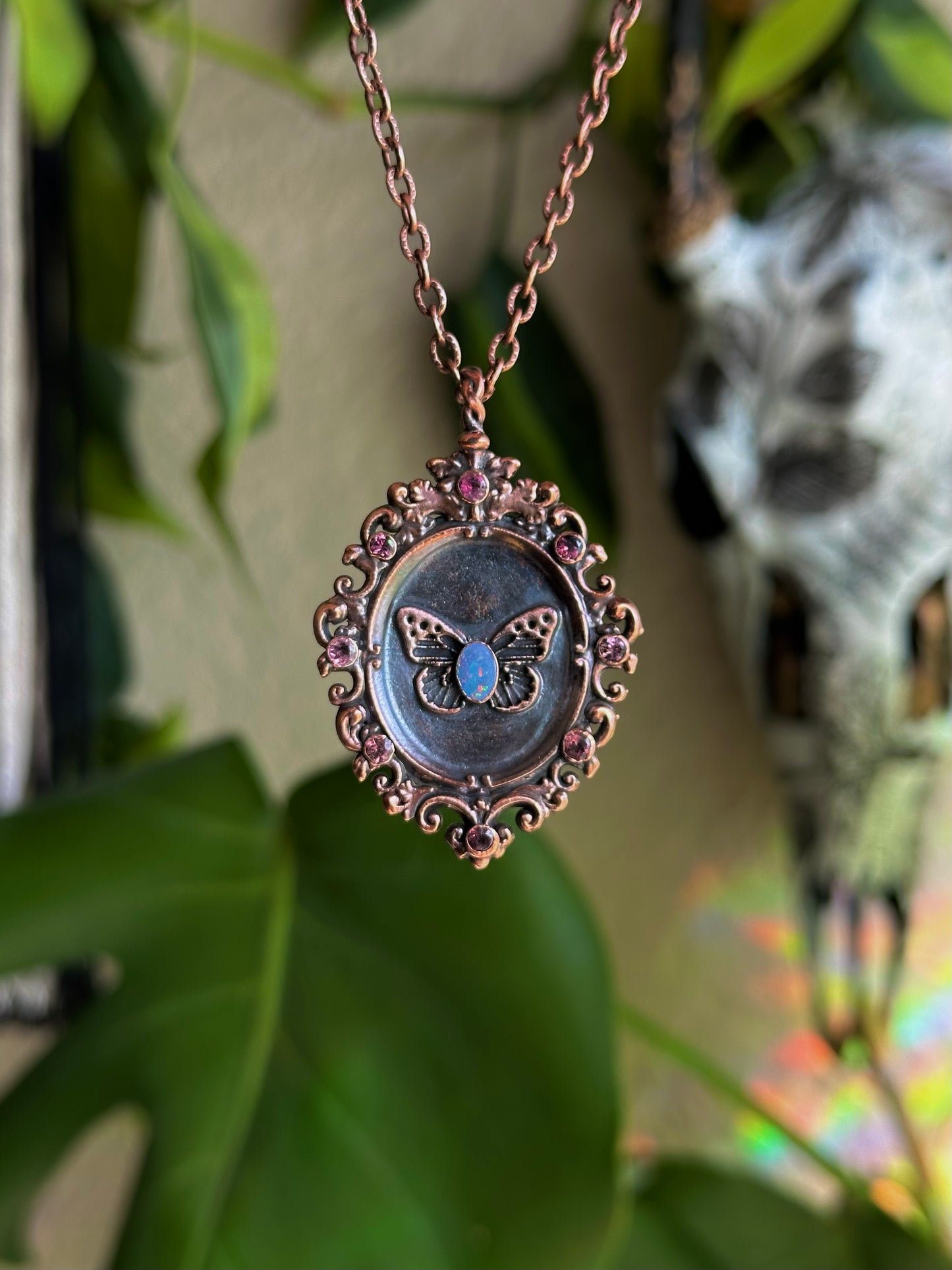 Opal Butterfly Antique Frame Pendant