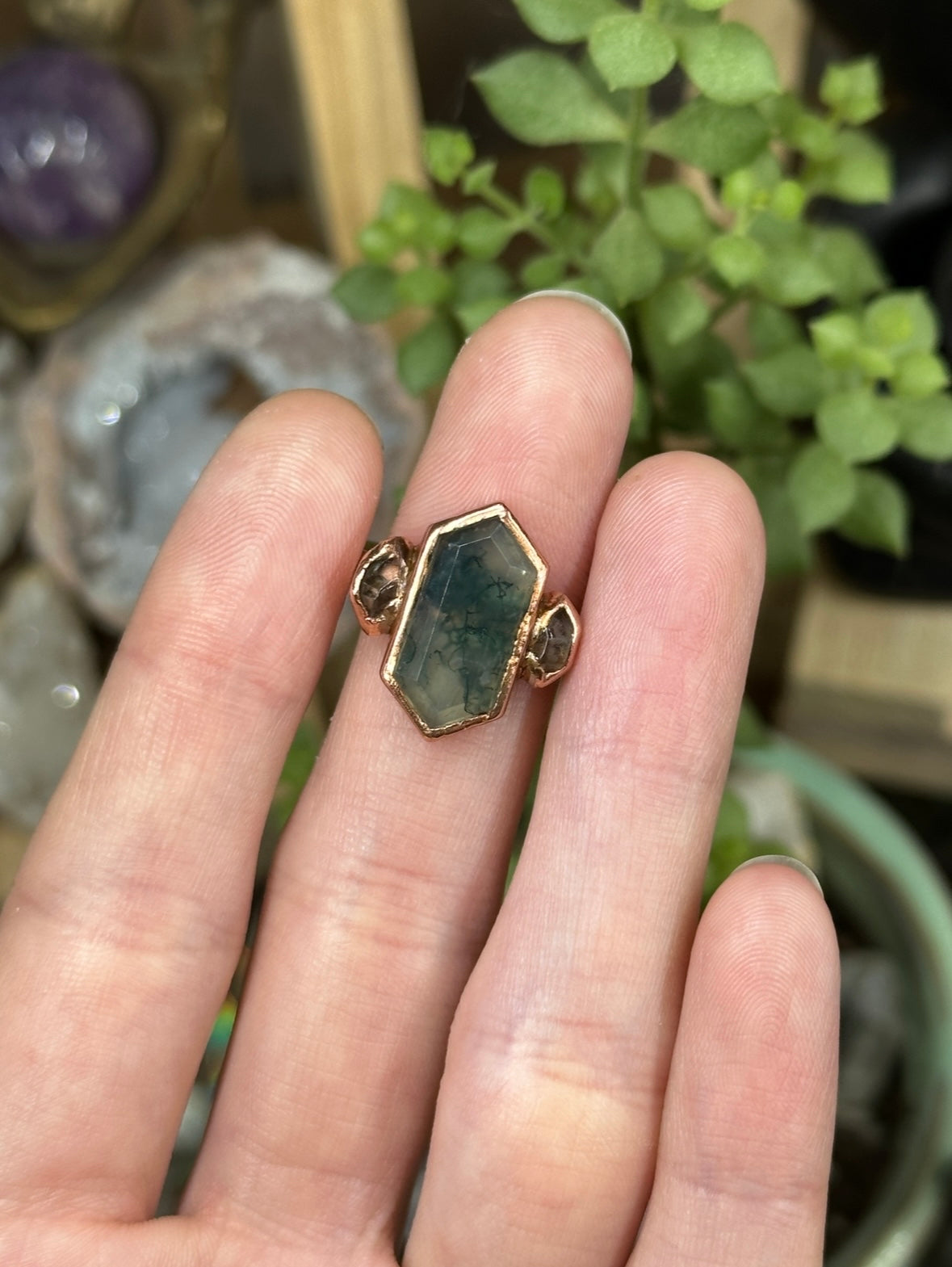 Moss Agate and Herkimer Diamond ring