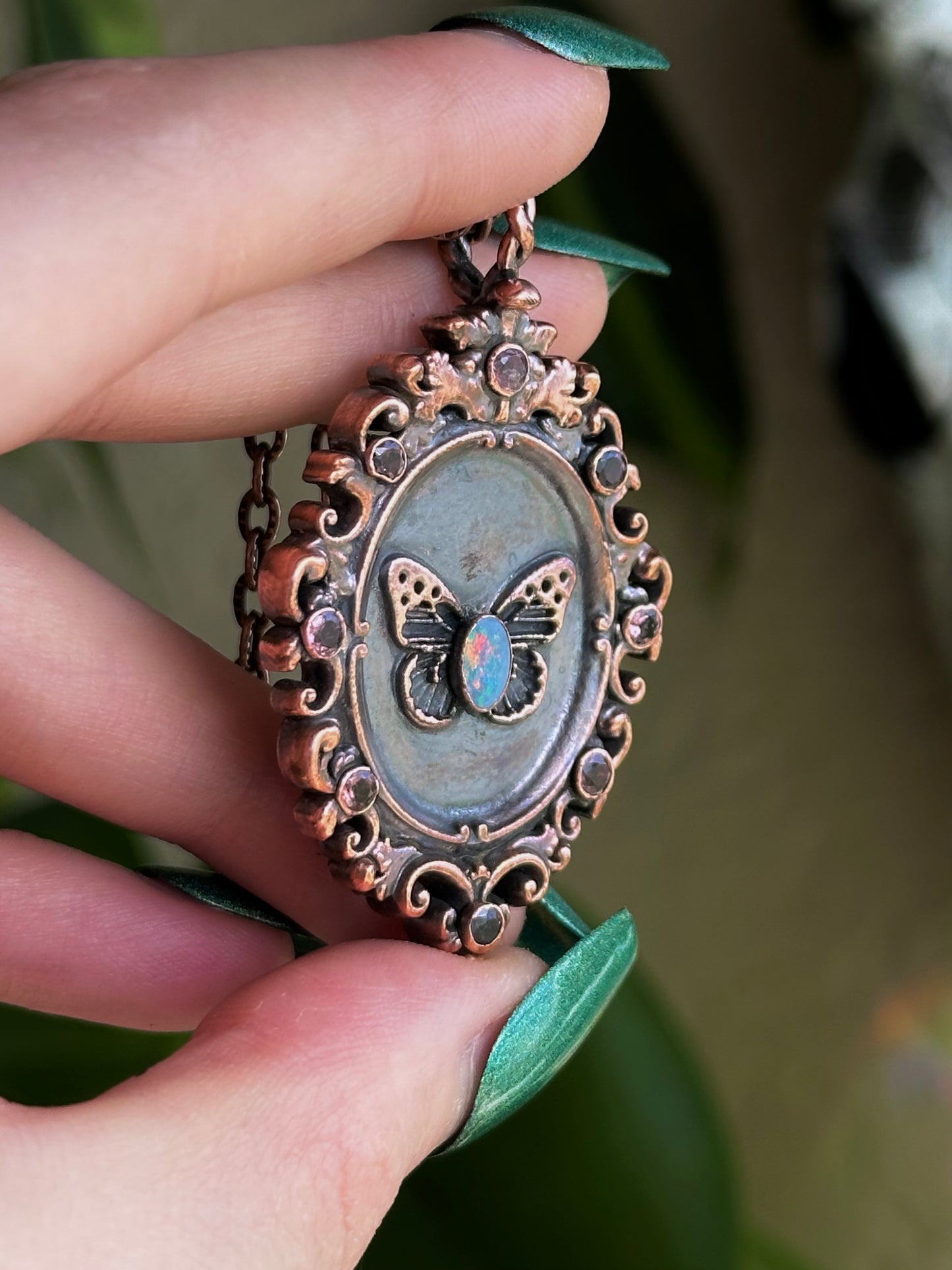 Opal Butterfly Antique Frame Pendant