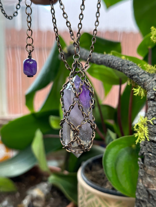 Amethyst Point Chain Cage Pendant (Copper)
