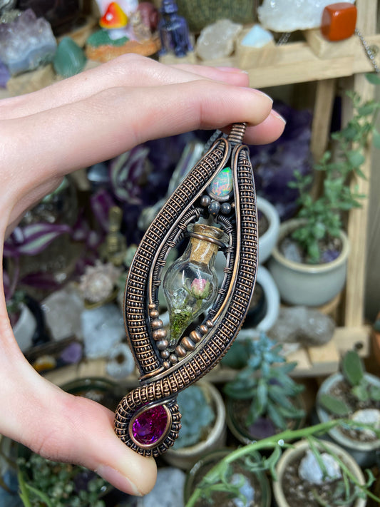 Pink Ruby rose terrarium amulet